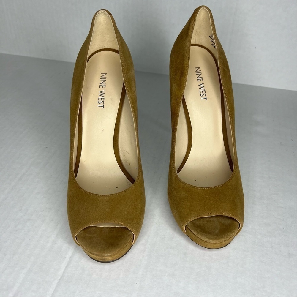 Nine West Sweet talk open toe stiletto suede tan size 7.5